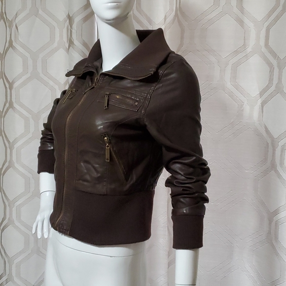 Adorable Dollhouse brown pleather bomber jacket - Picture 2 of 11